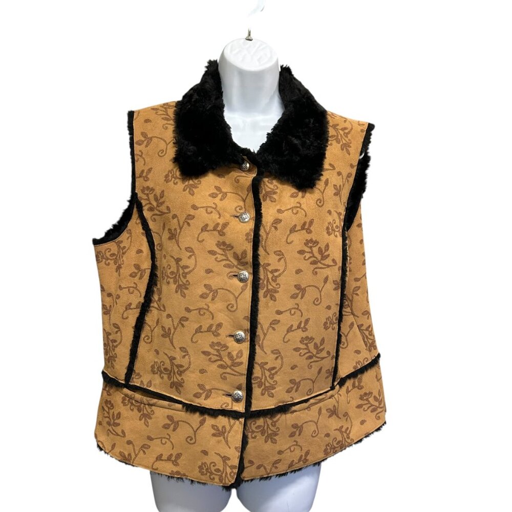 County Clothing Co. Western Faux Suede & Fur Vest - Floral Vine Pattern - Size L